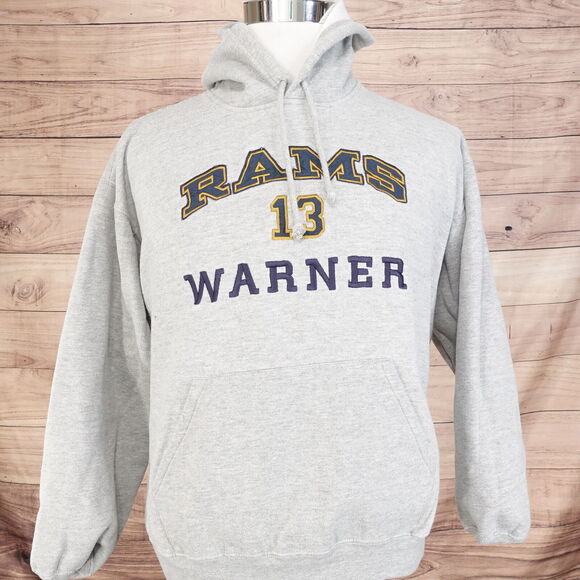 VINTAGE ST LOUIS RAMS KURT WARNER EMBROIDERED PULLOVER HOODIE SIZE XL - Picture 2 of 5